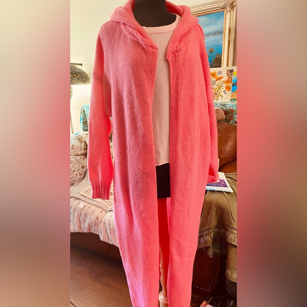 Pink Hoodie Hand knitted long Sweater